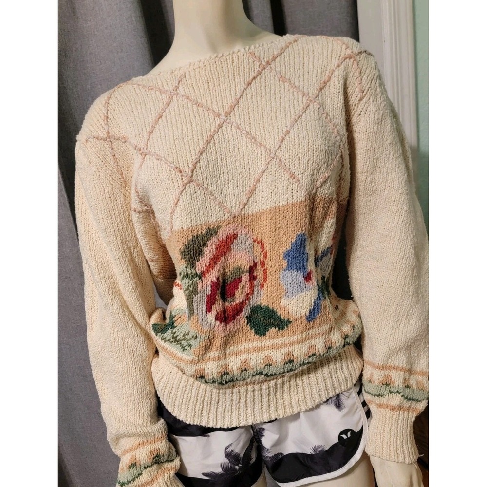 Vtg 90s Chunky Knit Pastel Floral Grannycore Sweater Jean Pierre Hong Kong Sz M